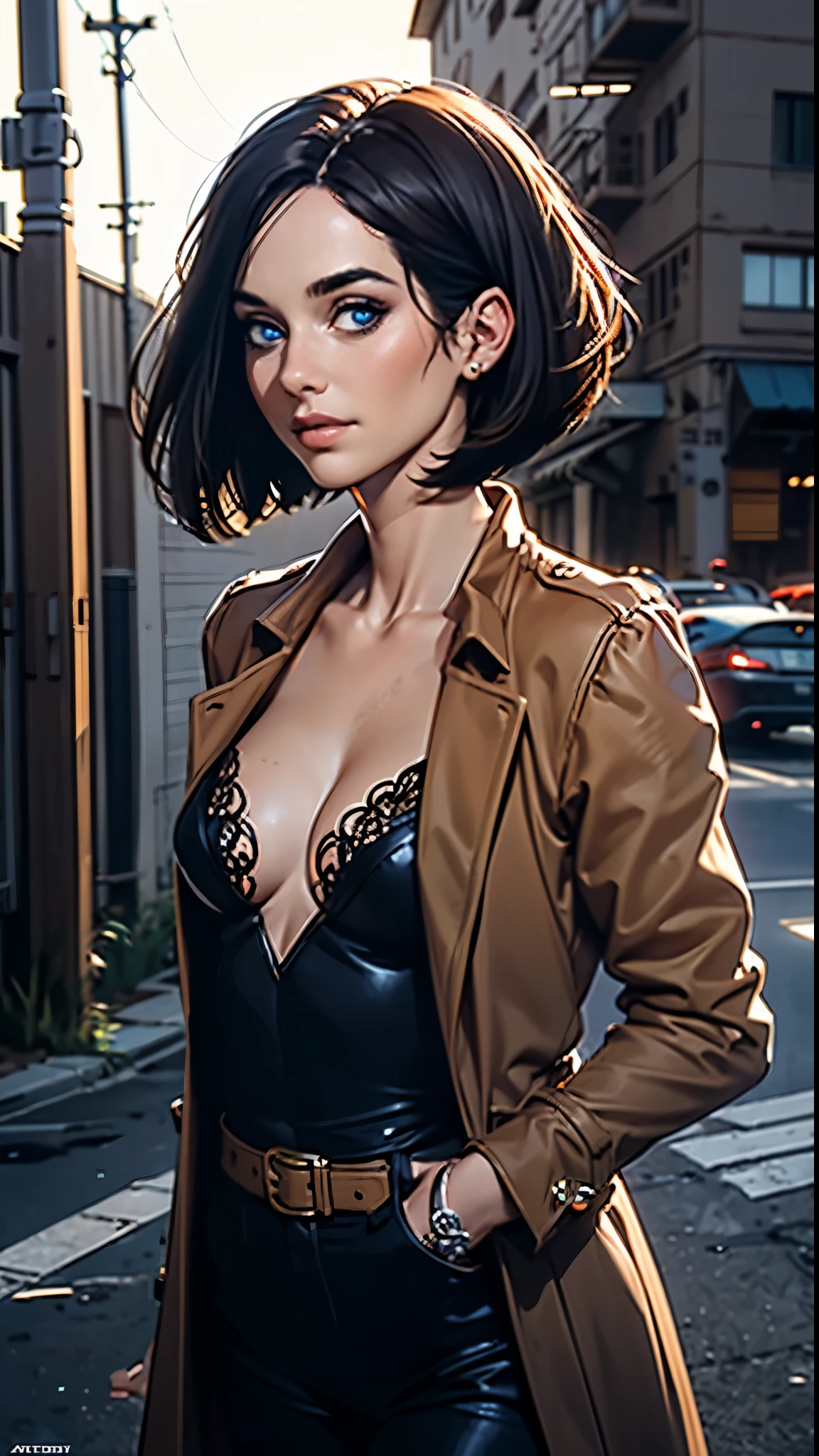( Ann Voskamp: 1.2), 1girl, Perfect female body,(Smooth, delicate and reflective skin), breasts, solo, (cleavage),  large breasts, blue eyes, bare shoulders, parted lips,( closed mouth:1.3), 
( dark makeup:1.1),( black eyeshadow:1.2),  ( short hair, center part), ( bob cut), no bangs, dark hair, (angled cut bob, chin length hair :1.2),
(sheath dress:1.2), (Camel coat:1.2), (clothing cutout:0.8),  modest clothing, tight brown pants, (beautiful face),(upturned small chest:1.1),bust line,
Fashion accessories, (looking at viewer:1.3),[light smile|blush], spectacle, detailed background,(street style wear:1.2), (various angles:1.2), (head shot:1.4),

astonishment, soft skin, d&d, trending on artstation, intricate details, highly detailed, pencil drawing, sketching, unreal engine, greg rutkowski, oil painting, heavy strokes, paint dripping,dreamlikeart,
(masterpiece:1.5),( best quality:1.5),( highest quality:1.5), cinematic lighting, (volumetric lighting), extremely detailed CG unity 8k wallpaper, ultra realistic, photorealistic, sharp focus,  (HDR:1.2), (high contrast), (detailed and intricate:1.5), instagram, portrait, highly detailed, digital painting, artstation, concept art, smooth, illustration, vibrant,
