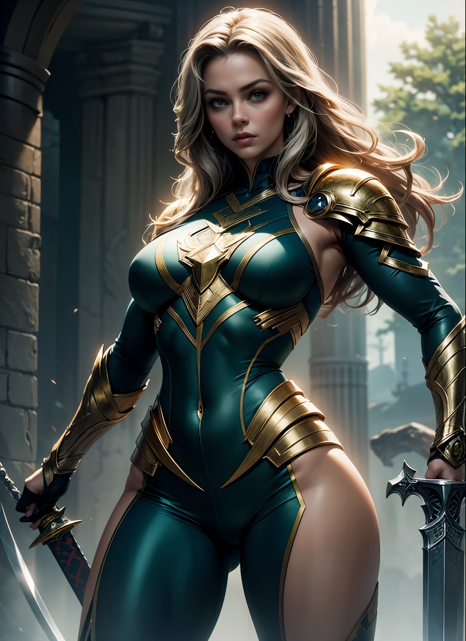Erica Durance as a Asgard,valkyrie,green eyes, fitness woman, Senhora Cavaleiro,Anatomia correta,holding a magical big sword, epic fantasy digital art, masterpiece,8k,high-definition resolution,desenho detalhado,Qualidade Superior,, Epic composition, músculous body