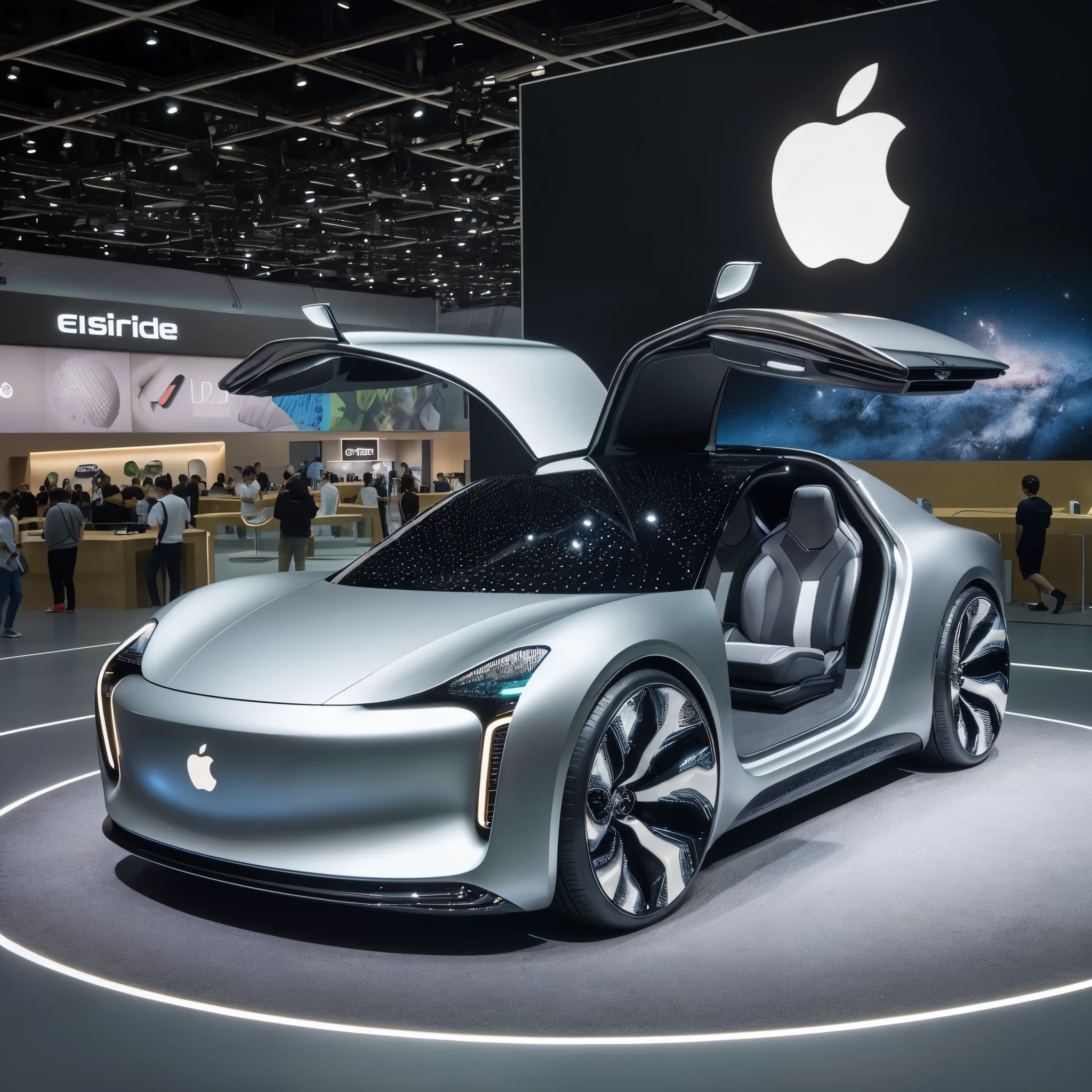 An Apple car designed in the spirit and aesthetic of apple products, high-end product design, car show, doors open, lights on, show car, apple car