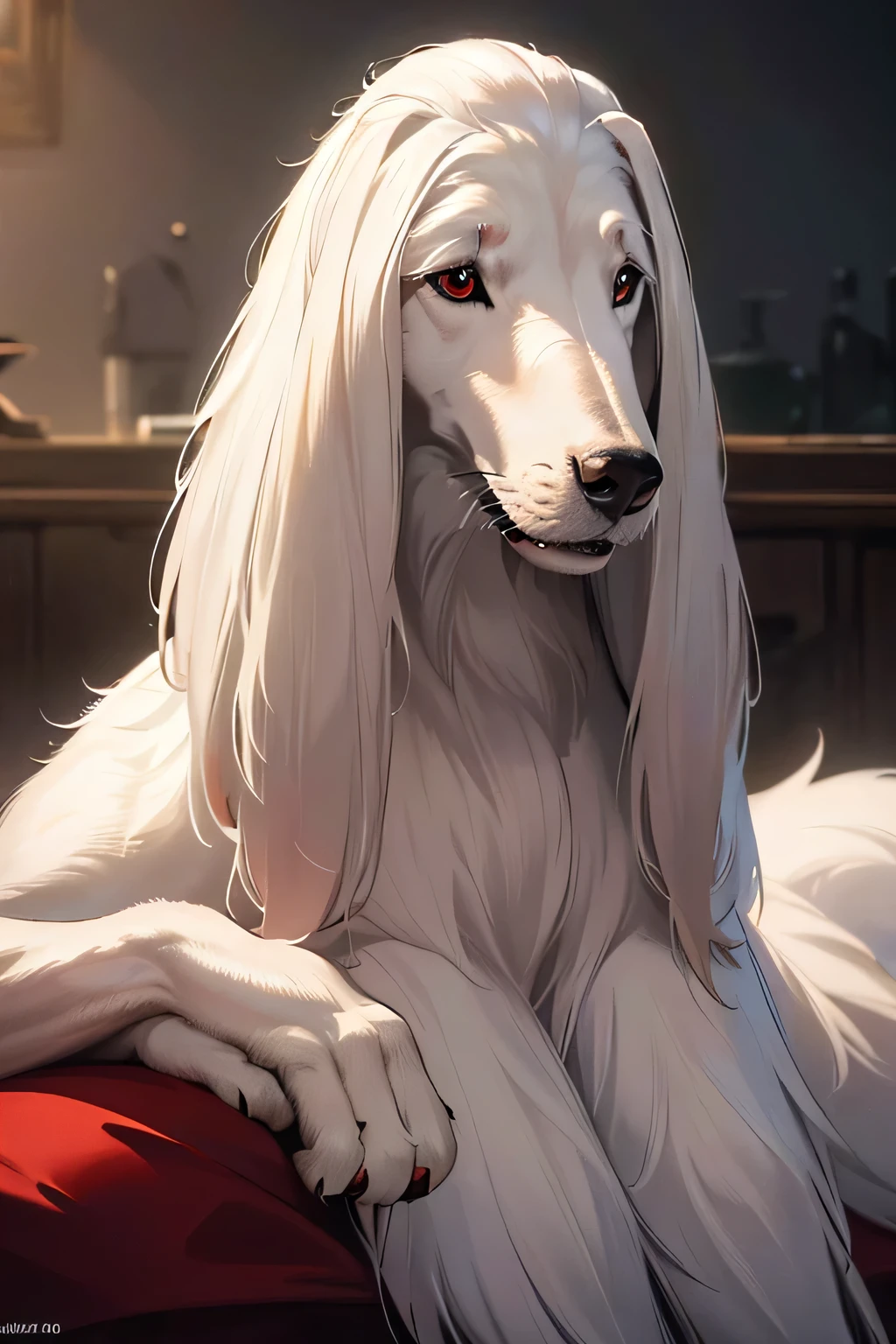 (High resolution, realistic, 4K, super detailed, masterpiece:1.2),1dog,white afghan hound,red eyes