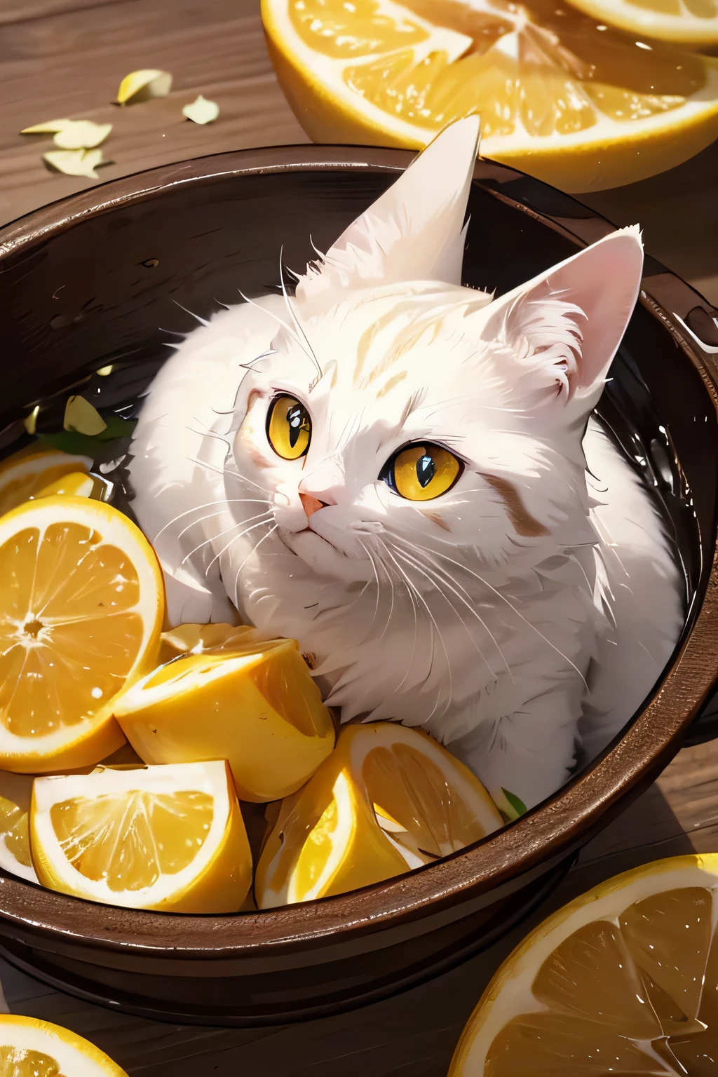 (High resolution, realistic, 4K, super detailed, masterpiece:1.2),1 cat,White Munchkin,Yello Eyes