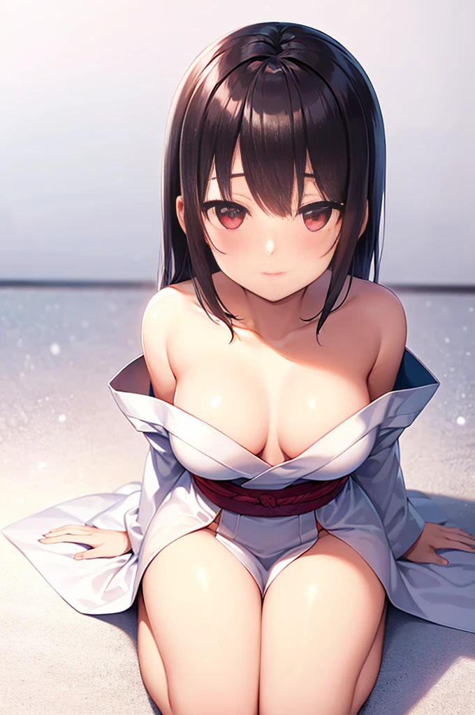 (((highest quality, High resolution, Like Japan cartoons))) , (Blizzard,snow scene),red eyes, 1 girl, alone, looking at the viewer, black hair, medium breasts, closed mouth, clavicle, broken kimono,white kimono, thighs,Two-dimensional beautiful girl,Japan anime beautiful girl