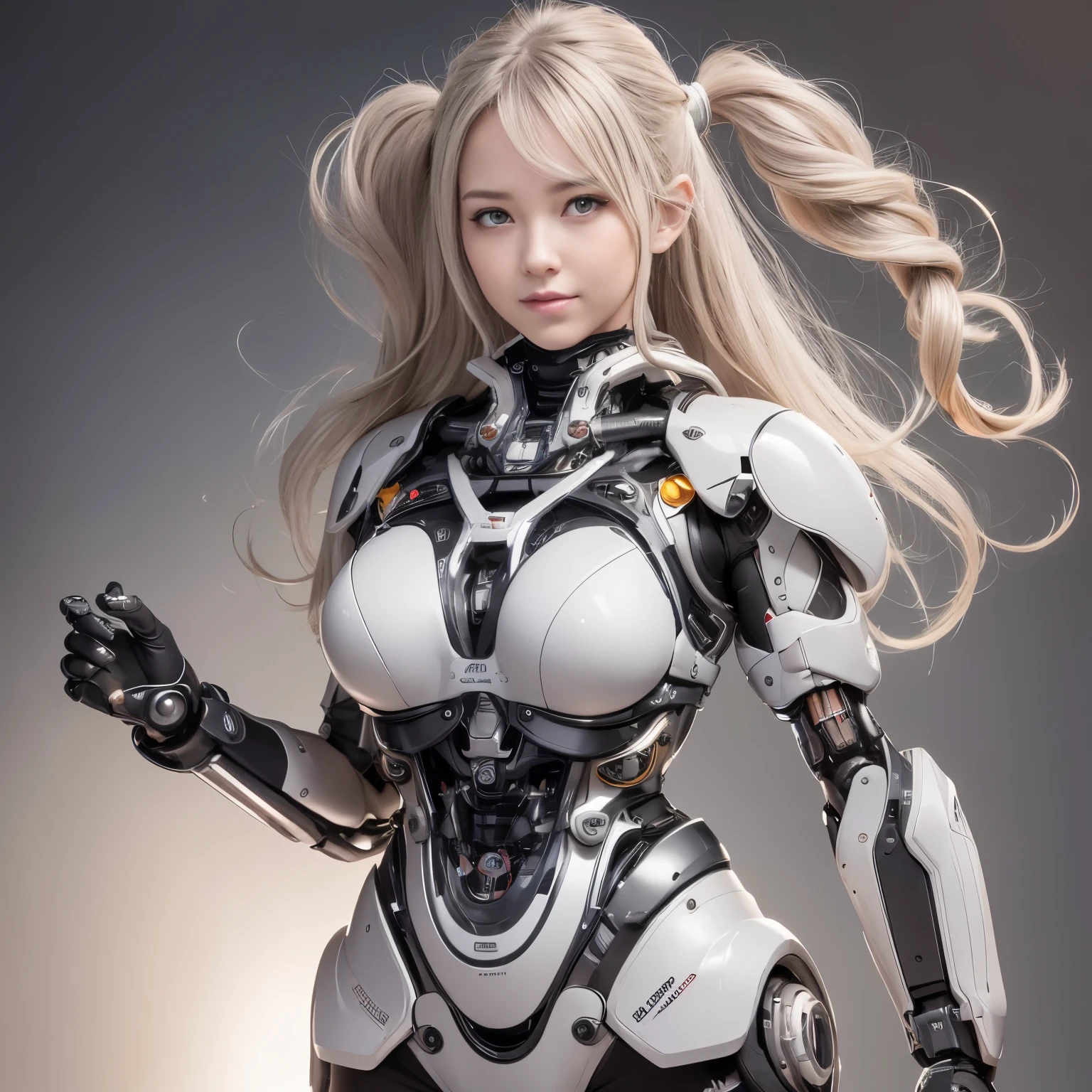 beautiful face,Facing Japan, 1 female, big, Curvaceous, (16k, RAW photo, highest quality, masterpiece: 1.2), (HDR, realistic, realistic: 1.37) (Tube attached to the body), (Bikini Cyborg Robot Parts)))), (light gray hair), long hair, wavy hair, twin tails, medium shot, ( enchanting smile)), (black eye), double eyelid, princess cut, from below, (whole body),take a pose,,In the laboratory,( Mechanical vertebrae attached to the back with tubes connected to blood vessels)),((Mechanical neck attached to the neck)),(Wires and cables mounted on the head and body),(character focus),,perfect woman image,完璧なanatomy, anatomy, whole bodyショット, Up to four fingers to one thumb relationship, spherical joint,