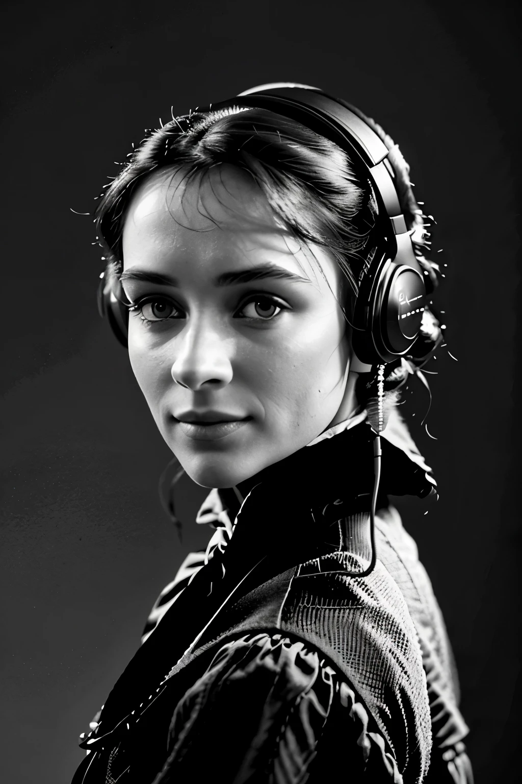 Jane Eyre with headphones, natural skin texture, 24mm, 4k texture, Soft movie lighting, Adobe lamp room, photography studio, human development report, complex, elegant, Very detailed, sharp focus, ((((like appearance)))), soothing tone, Crazy details, complex details, Super detailed, low contrast, soft light, dull color, exposure blending, human development report, faded