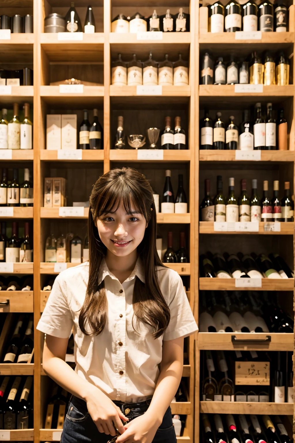 Japanese beautiful girl、wine store clerk、22 years old、Put on your shirt、