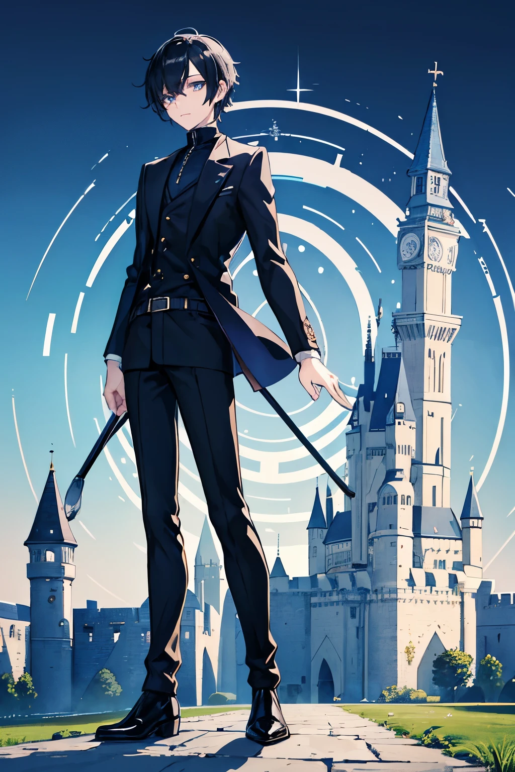 male　black hair　blue eyes　sweater　Check slacks　vest　Knee-high boots　Castle　Walk through the castle town　floating city　garden　masterpiece　Highest image quality　noise removal　clear parts 　cinematic shadow　Increased attractiveness of the eyes　clear parts the shine of the eyes　Draw eyelashes neatly　perfect eyes　detailed eyes　Sharpen image quality　Sharpen eye writing　clear parts eye shape