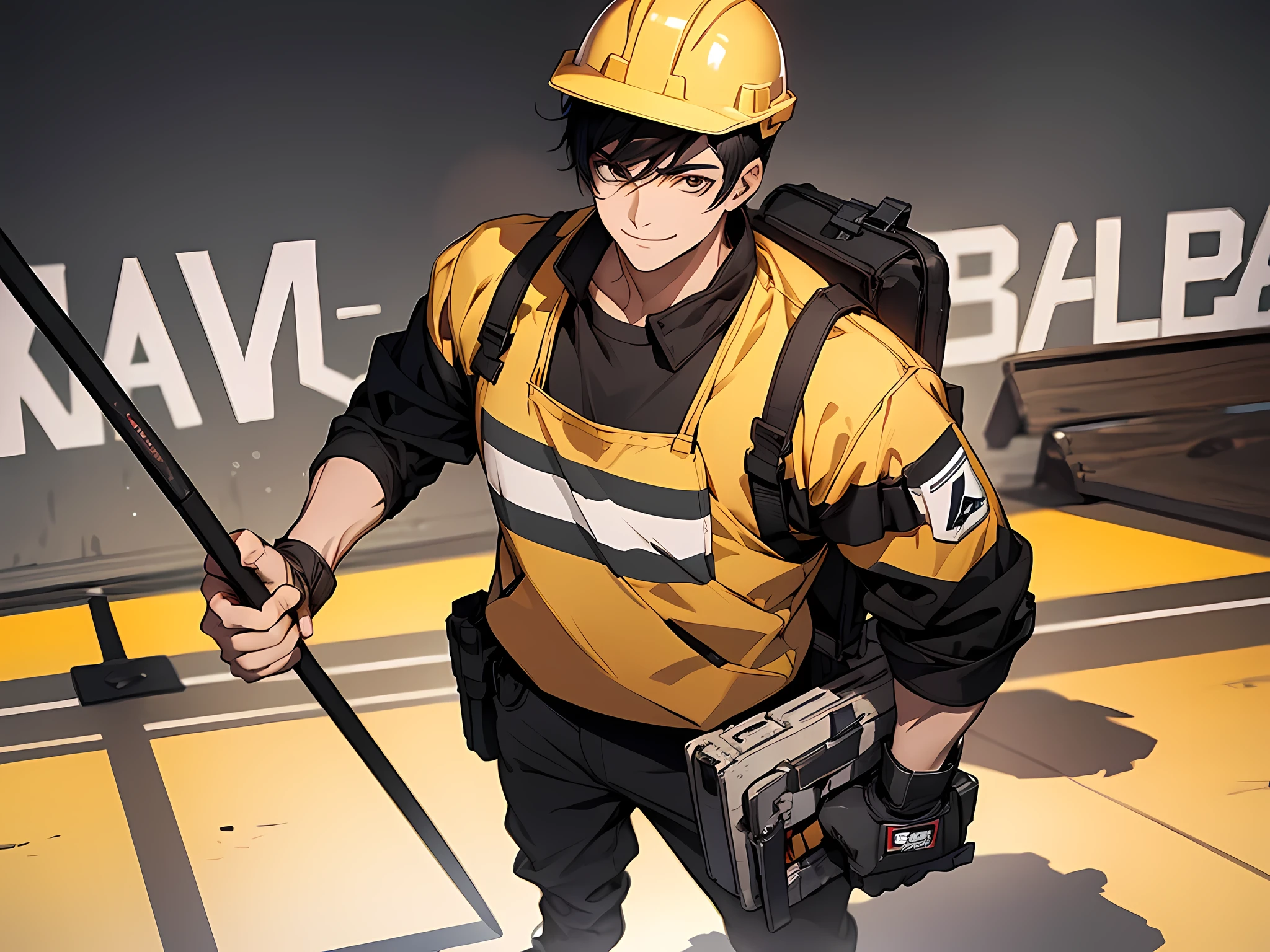 1 man, black hair, short hair, construction worker outfit, yellow helmet, holding a shovel on his right hand, happy facial expression, smiling, face to detail, detailed eyes, perfect hands, standing, the background is construction area, full body illustration