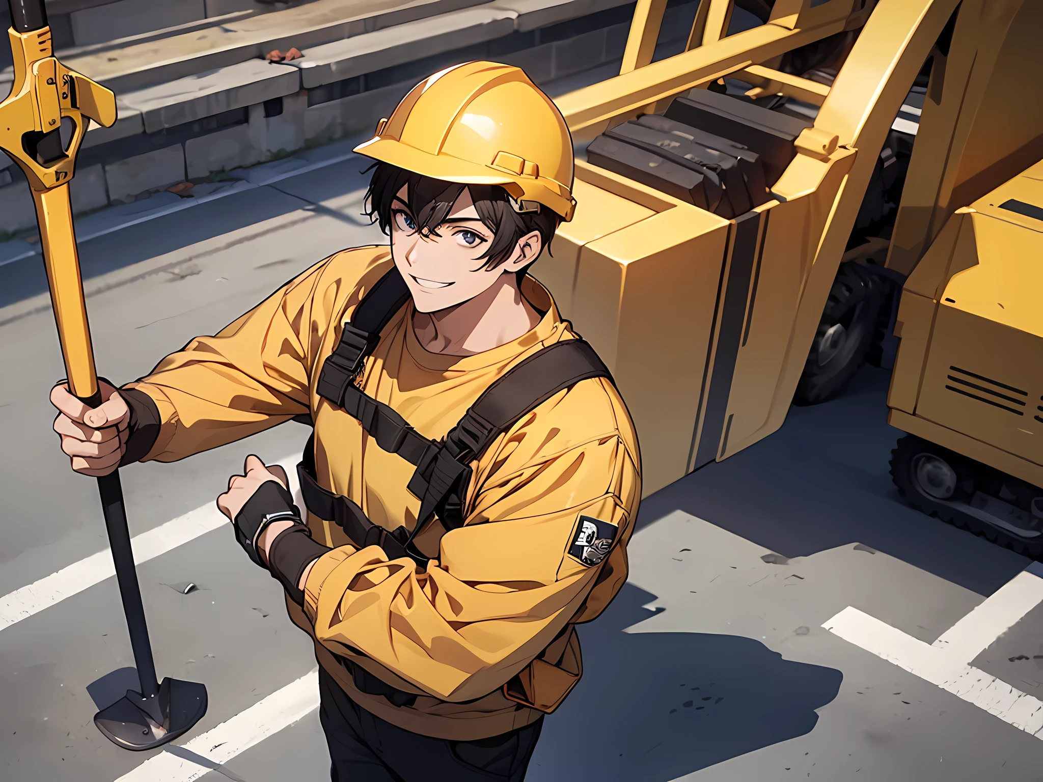 1 man, black hair, short hair, construction worker outfit, yellow helmet, holding a shovel on his right hand, happy facial expression, smiling, face to detail, detailed eyes, perfect hands, standing, the background is construction area, full body illustration