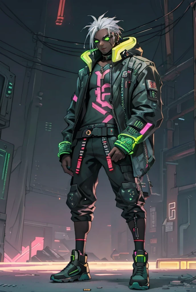 fully body photo, Cyberpunk dark skin man with silver hair shortcut, Black and yellow-green cyberpunk clothes, a cool, Photorealistic, Cinematic lighting、Luxury、being thin、Neon Green eye color、crossing arms