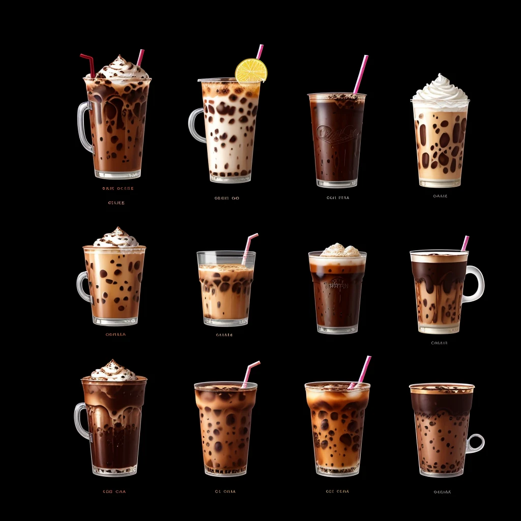 four different types of iced coffees in a glass cup, cold drinks, colored milk tea, ice coffee, cold brew coffee ), drinks, iced latte, iced tea glass, made with illustrator, photorealistic illustration, milk and mocha style, realistic illustration, made of drink, high quality portrait, tall iced tea glass, highly detailed illustration, cartoon brew, high detailed illustration