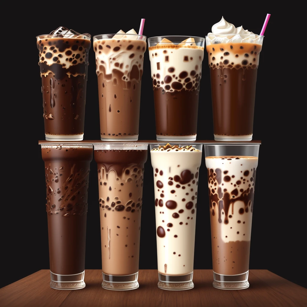 four different types of iced coffees in a glass cup, cold drinks, colored milk tea, ice coffee, cold brew coffee ), drinks, iced latte, iced tea glass, made with illustrator, photorealistic illustration, milk and mocha style, realistic illustration, made of drink, high quality portrait, tall iced tea glass, highly detailed illustration, cartoon brew, high detailed illustration