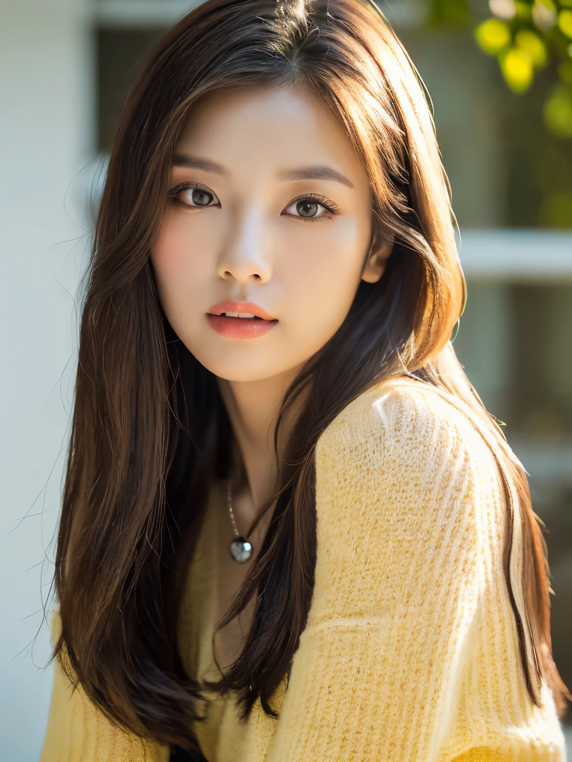 ((must-have、highest quality)),(photo realistic:1.4),(((Massew Peace、8K))、white wall、(white room)、(full body photo、Photographed in natural light、Highly detailed face and skin texture、highly detailed lips、correct state of the human body、ultra high resolution、(Photoreal:1.4)、highest quality、1 Beautiful Lady、38 years old、s、150mm Lens、light yellow knit、(Dark brown,long hair)、japanese woman、versatile pose、long look at camera、Natural Color、lip、Winter clothes、indoor necklace、