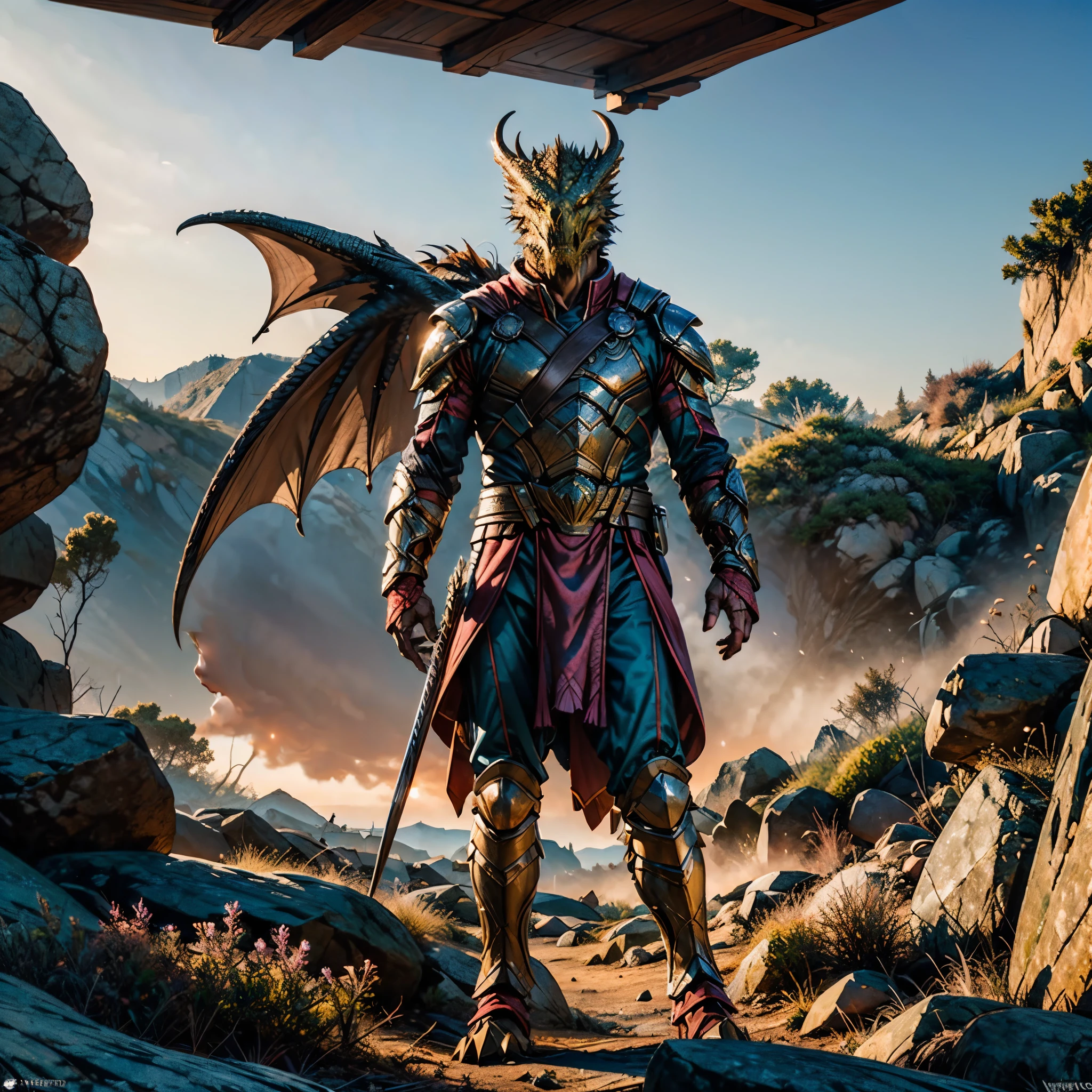 (Galaxy stars Nebula Spacious Sunrise evening_glow distant_view Sunset rich_colors colorful wide-angle_lens shooting_evening positive_film naturalistic_style) Create a digital art masterpiece depicting a fearless and battle-worn dragon slayer standing defiantly before an imposing, fire-breathing dragon. The dragon slayer should exude confidence, wielding a legendary weapon with intricate details and adorned in battle-scarred armor. The dragon should be a formidable force, its scales reflecting the glow of its fiery breath. Set the scene against a dramatic backdrop that captures the intensity of this showdown between the last of the dragon slayers and the majestic beast, showcasing the clash of two legendary forces in an epic fantasy world. Will-o'-the-wisp dazzling Symmetrical optimal bright_color dappled_sunLight meticulously intricate ultra_high-details ultra_high-res hyper pro-Photo-realistic ultra_high-quality ultra_high-def UHD XT3 DSLR HDR extreme improved Octane-rendered opengl-shaders glsl-shader romm rgb pbr shading 3DCG fxaa global illumination cgi vfx sfx fkaa txaa rtx ssao post-processing post-production cell-shading tone-mapping Ultra_sharpness focus accurate max saturate reflex analogique Vivid DSLR color-coded luminescence volumetric Cinematic_Sunrise lightning contrast incandescent Cristallines floraison zentangle fleuraison varied multi etc. --v 6 --s 1000 --c 20 --q 20 --chaos 100