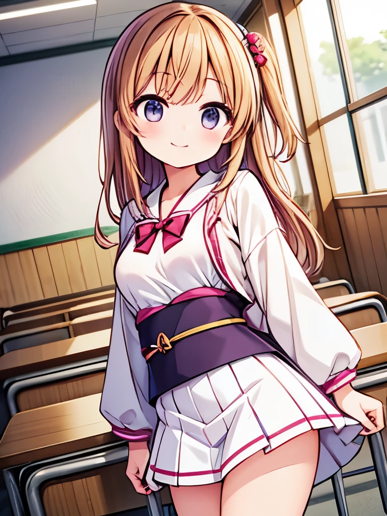 (japanese high school girl), (small breast)+++, (show off)+ breasts,classroom,,cute,smile,masterpiece