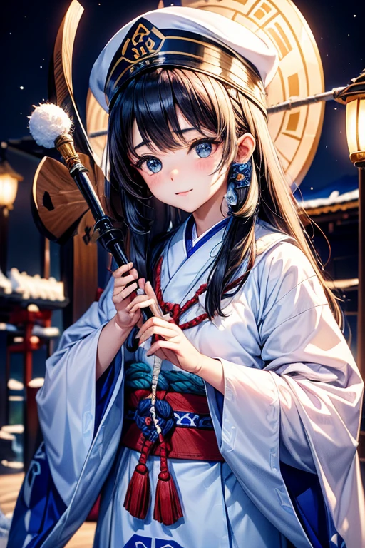 queen of the ainu、cute、Ainu pattern clothes、white and blue clothes、Ainu pattern、has a spear、Ainu art、Clean your eyes、Fingers correctly、night scenery、Ainu hat