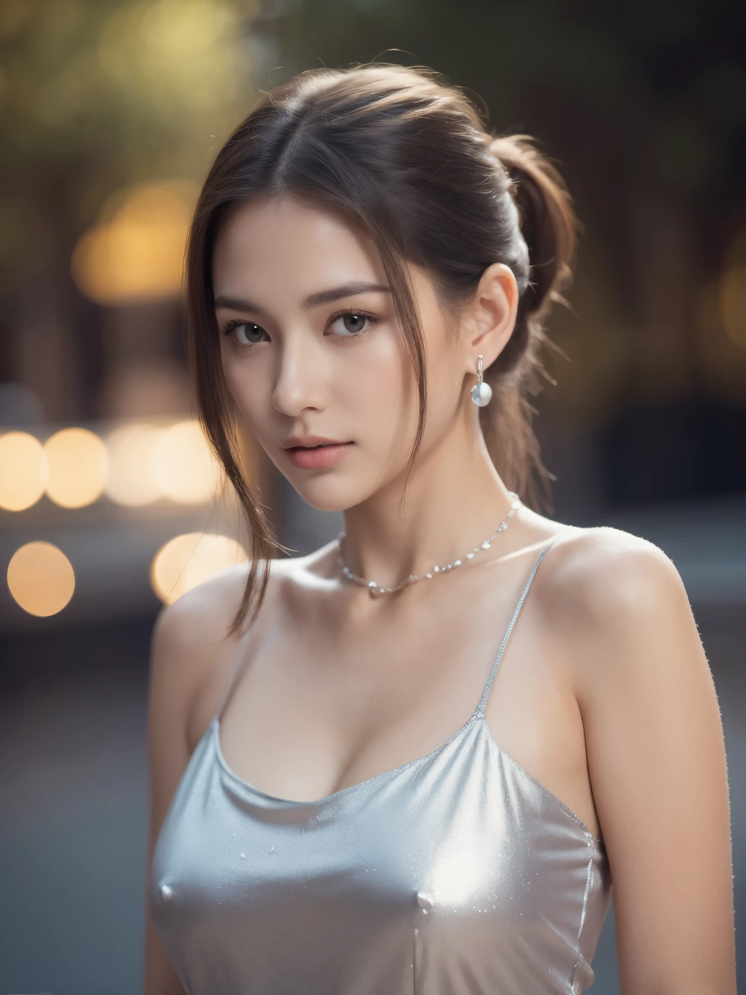 Random posture, (very delicate and beautiful work), (masterpiece), 1girl, girl in a silver dress, very detailed, waist leak, ponytail distortion, attractive appearance, beautiful clear eyes, green eye pupils, delicate necklace, delicate earrings, fairy ears, simple blurred background, description of extreme details, beautiful, charming, ultra-fine painting, delicate face, delicate figure, thin collarbone, nice lips, beautiful breasts, soft behind, mix4, (8k, RAW photo, best quality, masterpiece: 1.2), (realistic, photorealistic: 1.37), 1 girl, cute, cityscape, night, rain, wet, professional lighting, photon mapping, radiosity, physically based rendering, (beautiful little hard 1.1), (saw the head of the nipple in the dress: 1.4), White skin