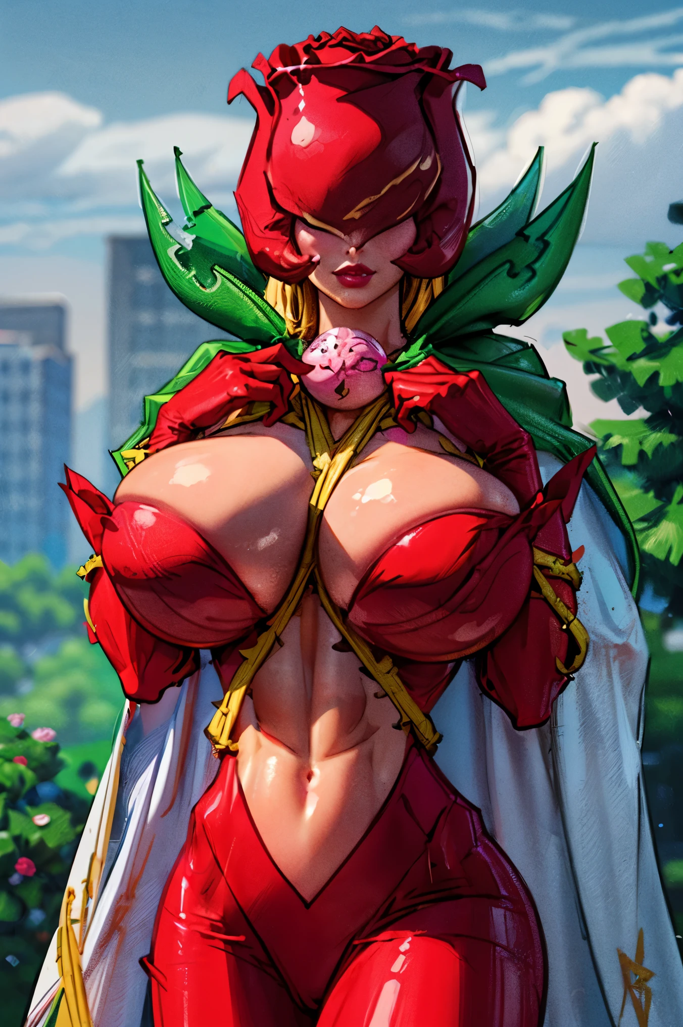 (Masterpiece:1.3), (dark lighting:1.2), ANIME_rosemon_yugiho_ownwaifu, digimon \(creature\), breasts, long hair, ((gigantic breasts:1.5)), lipstick, navel, makeup, covered eyes, monster girl, helmet, plant girl, colored skin, thighhighs, cleavage, petals, elbow gloves, (((slendered abs:1.6))), ((navel cutout)), red flower, red gloves, bodysuit, mask, thorns, cape, gloves, vines, rose, flower, plant, 1girl, solo, facing viewer, looking at viewer, upper body, smile