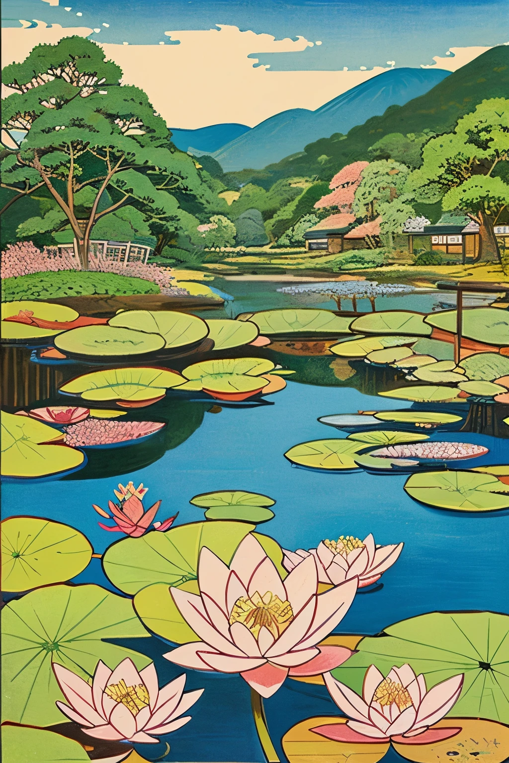 ((Ukiyo-e style)), landscapes, Cartoon style, (micro pond), water lily