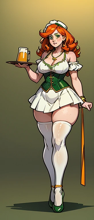 freckles, beautiful, masterpiece, st-patricks day, full body image, cel shaded, black outlines, holding beer jug, hourglass figure, orange hair, plump breasts, plump hips, plump thighs, irish, large eyes, green pupils, curly hair, rounded hair, long hair, orange eyebrows, nose, thick eyelashes, bare shoulders, white 1800's top, golden necklace, white skirt, green corset with yellow string, green fabric around hips avoiding stomach, white socks, black ballet shoes, eggshell white high socks, white thigh high stockings, freckles