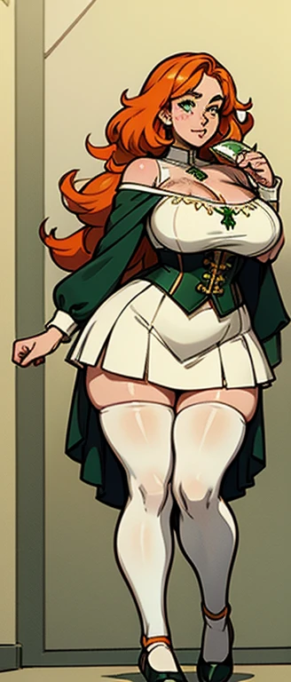 freckles, beautiful, masterpiece, st-patricks day, full body image, cel shaded, black outlines, holding beer jug, hourglass figure, orange hair, plump breasts, plump hips, plump thighs, irish, large eyes, green pupils, curly hair, rounded hair, long hair, orange eyebrows, nose, thick eyelashes, bare shoulders, white 1800's top, golden necklace, white skirt, green corset with yellow string, green fabric around hips avoiding stomach, white socks, black ballet shoes, eggshell white high socks, white thigh high stockings, freckles