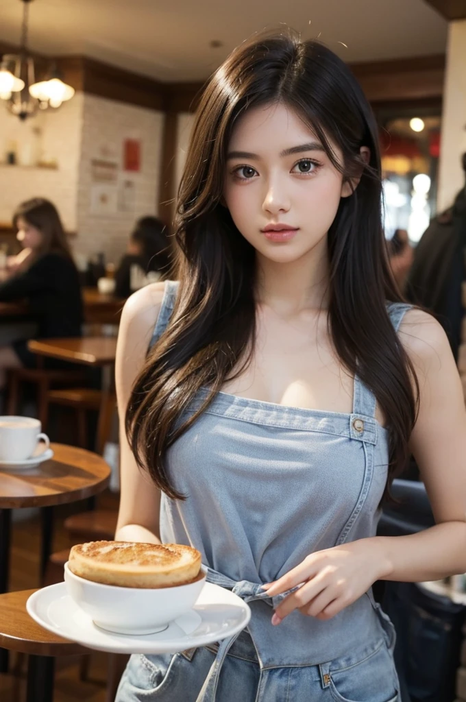 beautiful real girl, british, in the cafe, crowded cafe