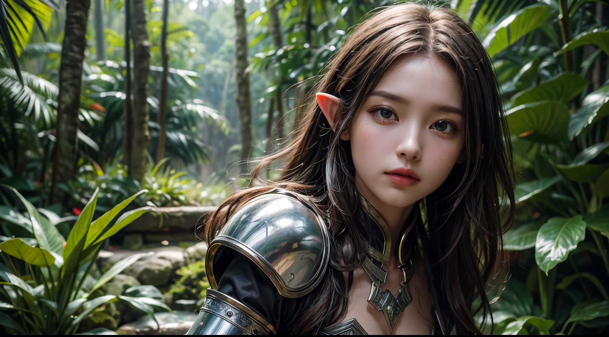 original photo, (best quality:1.3), high resolution, (masterpiece), (lifelike:1.4), Professional photography, sharp focus, high dynamic range, 8K resolution, intricate details, Exquisite details, depth of field, Extremely detailed CG unified 8k wallpaper, masterpiece,poster,best quality,official art,(Beauty and aesthetics:1.2),(masterpiece:1.3),female elf,Lightweight leather armor,Complex patterns,Dense rainforest,medium distance photography,dramatic
