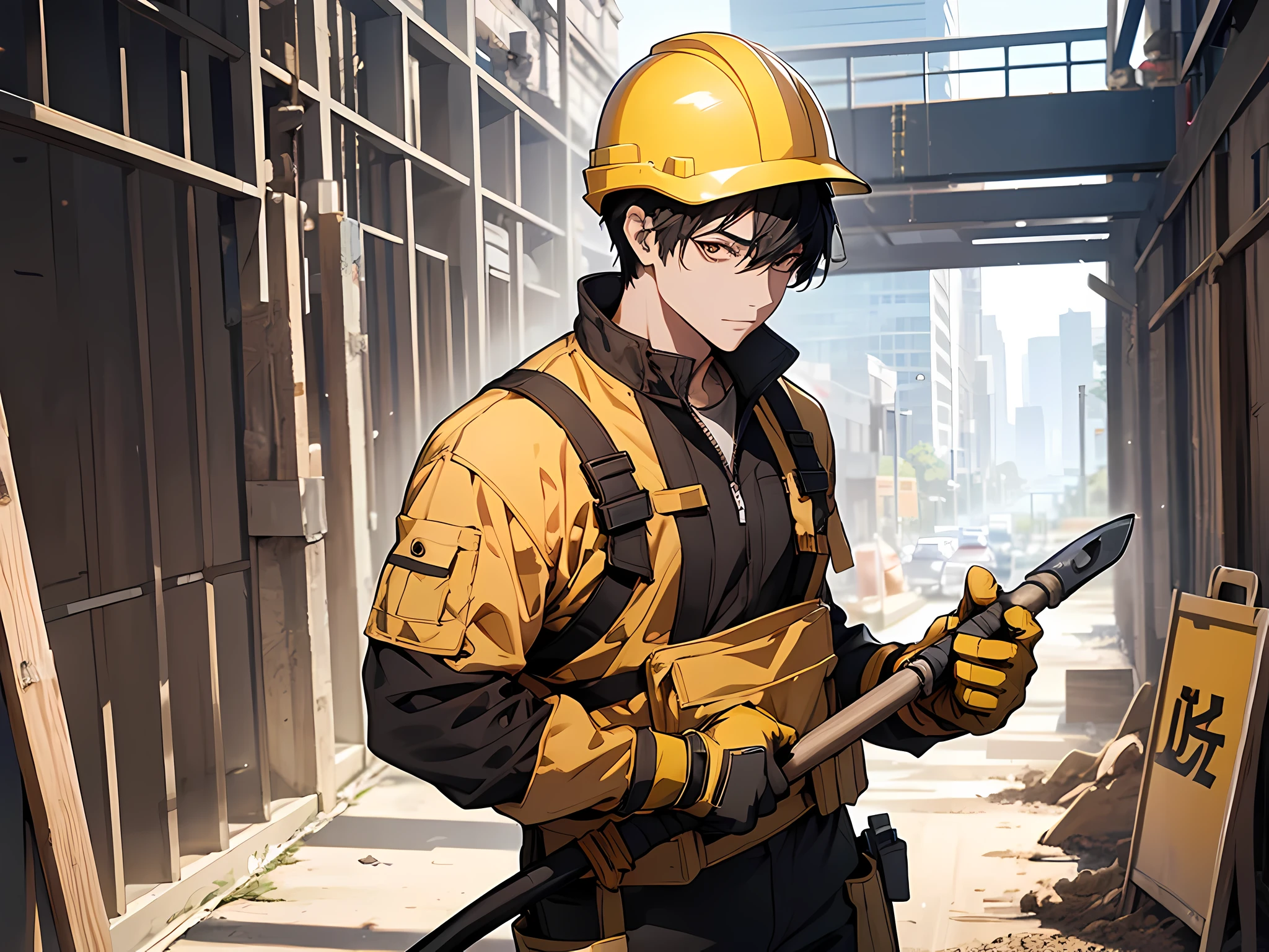 1 man, black hair, short hair, construction worker outfit, yellow helmet, holding a shovel on his right hand, face to detail, detailed eyes, perfect hands, standing, the background is construction area, half body illustration, camera angle from front
