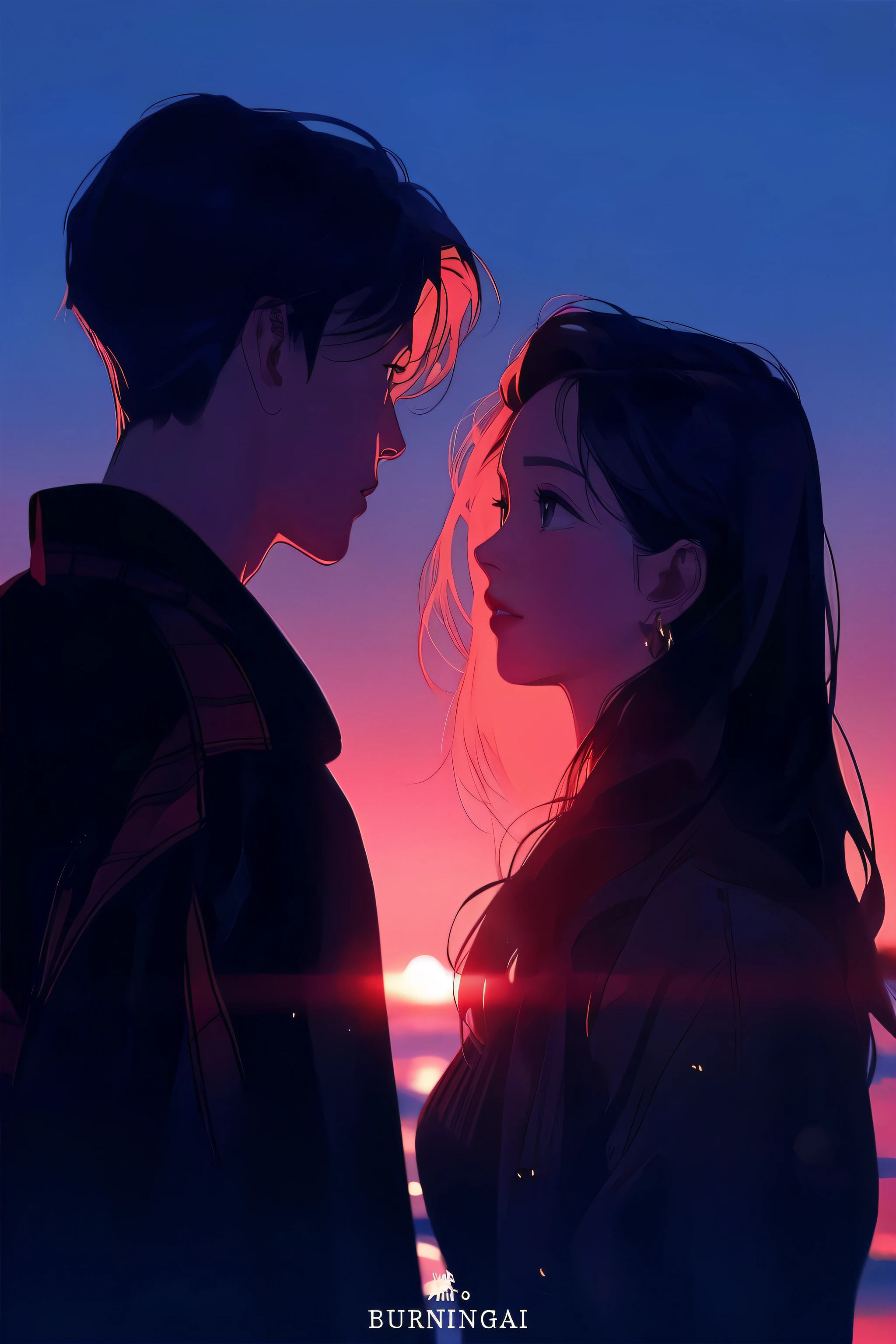 (best quality,4K,8 thousand,mackerel,masterpiece:1.2),very detailed,(realistic,photorealistic,photo-realistic:1.37), Silhouette couple standing side by side in front of sunset, With sunset, Vibrant and romantic sunset, Romantic couple, beautiful sunset, lovely couple in a beautiful sunset, high quality fan art, Illyasviel von Einzbern 배경, looking at the sunset, artwork in the style of guweiz, At sunset, looking at the sunset. Japanese cartoon movies, beautiful and aesthetic.