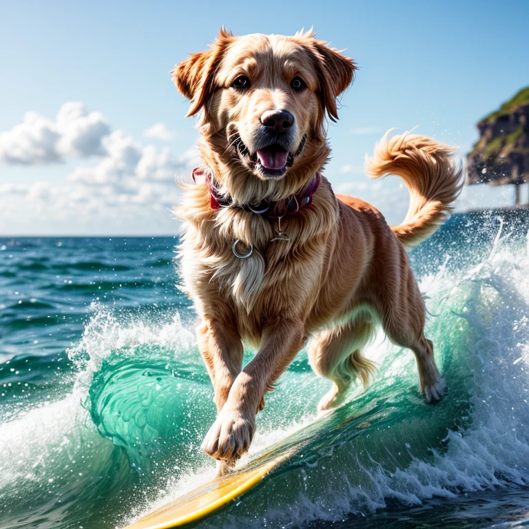 Close up foto de um golden retriever surfando no oceano, ondas, a dynamic background