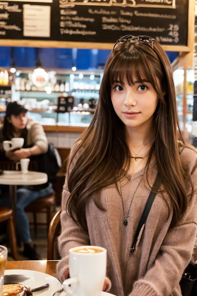 beautiful real girl, british, in the cafe, crowded cafe