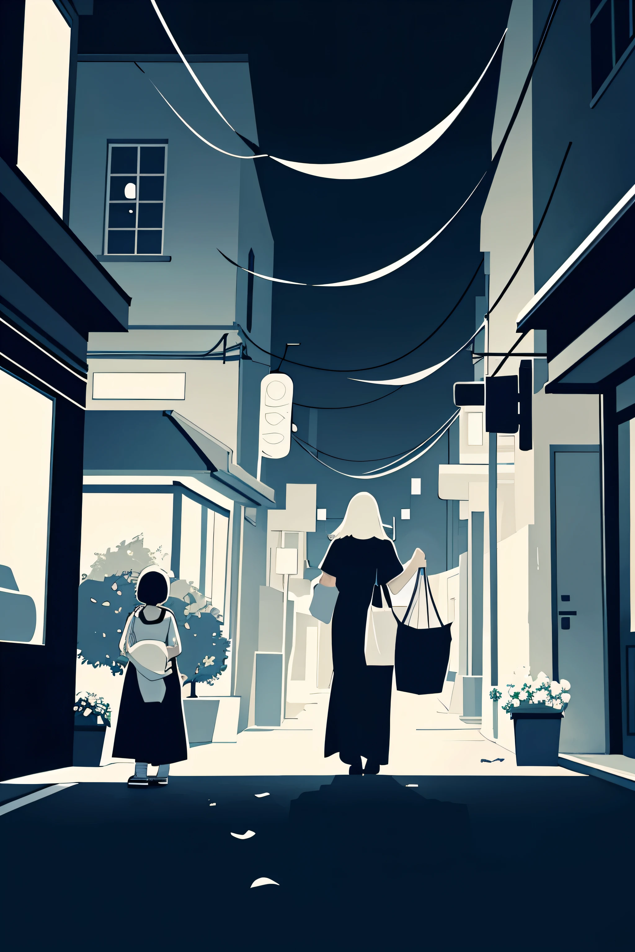 On the streets at night，Mom is in front carrying a big bag of garbage，The son jumped behind with a bouquet of flowers.，Warm atmosphere，black and white line drawing style