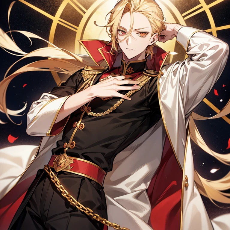 short blonde anime guy,put out one's forehead,Golden Eyes,光るGolden Eyes,black and red prince clothes,Blonde madman,handsome anime pose