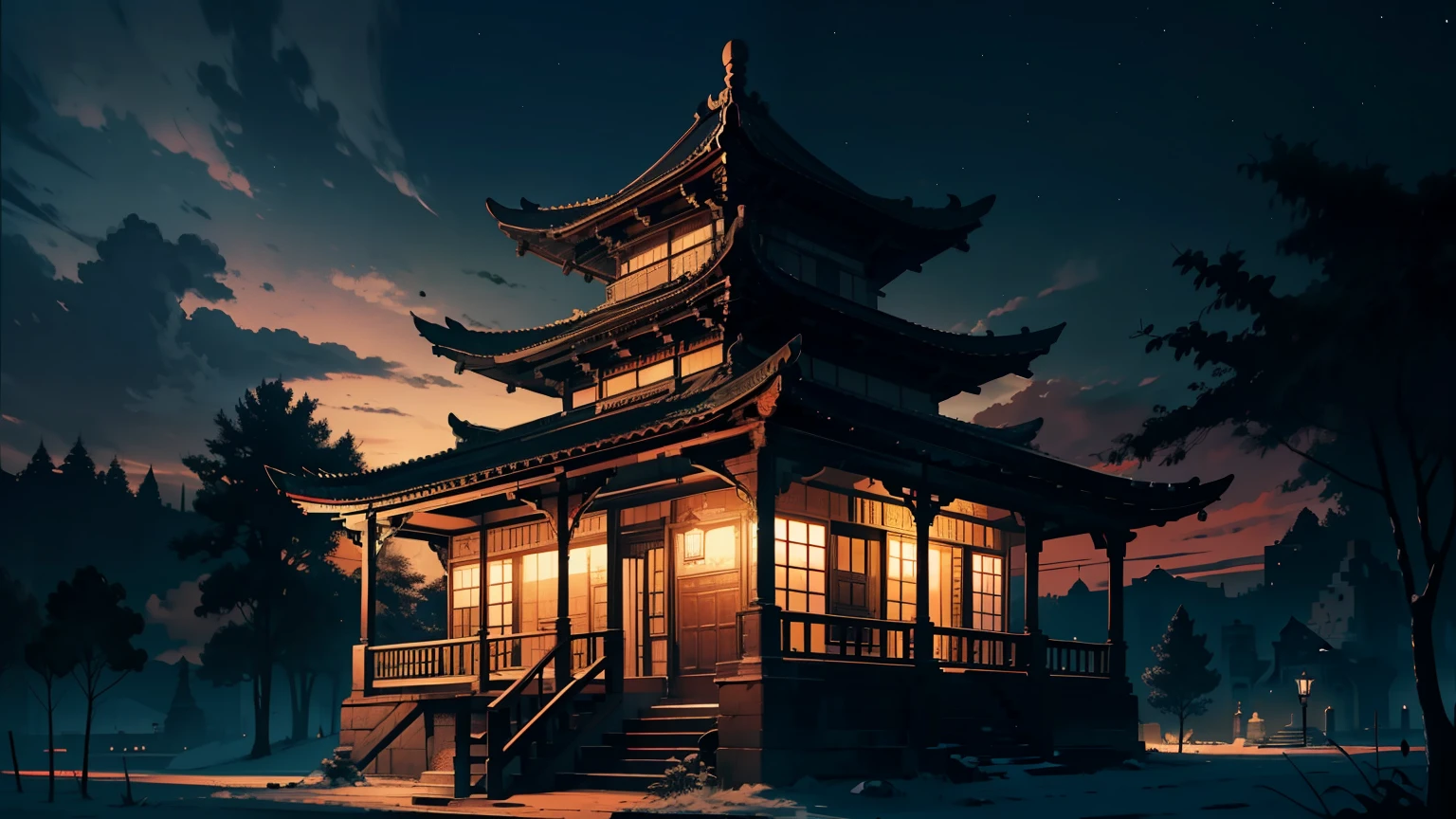 (temple: 1.2), the panorama, High contrast, Black and white or warm colors, Night view or dusk, Ornately carved details, Antique atmosphere.