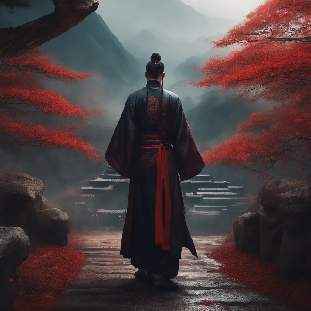 cyberpunk character,Taoist garments,cultivation of immortals,water ink,High hills,self-confident,Magic Wind Road Bone,Blood flow in the background