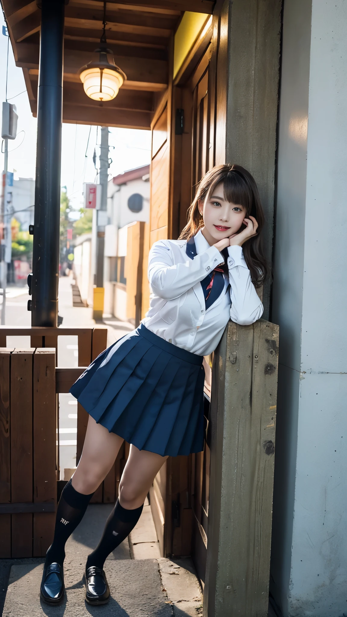 mix 4, (16k, RAW photo, best image quality, masterpiece: 1.45), (realistic, Photoreal: 1.37), one girl, cute, cityscape,, professional lighting, photon mapping, school classroom, Physically based rendering, dark brown hair,ponytail hairstyle, Beautiful well-groomed eyes、((double eyelid))、super cute girl, (((、blazer、Long-sleeved shirts worn by Japanese high school girls、ribbon tie、Navy blue super super mini skirt,、dark blue socks、black loafers))), highest quality photos, High resolution, 1080P, (clean face), (Detailed facial description), (Detailed explanation of hands), (masterpiece), (Detailed CG)、extreme light and shadow、messy hair、master work、Rich details、(detailed facial features)、(highest quality photos)、(Masseter muscle part)、(fine eyes)、look in front of you、thin clavicle、((slender and large))、(((Japanese high school girls wear long-sleeved shirts)))、((neat idol))、((school gate、schoolyard、School building in the background))、(Take photos from random viewpoints)、(((anyway that's cute)))、earrings、big smile、Draw the whole body from the knees、Don't draw thin lines、(((Sports bags used by Japan schoolgirls)))、(small breasts:1.2)、small buttocks with tension、Two arms and two legs、(((from the front:0.7)))、bare hands、(((symmetrical eyes)))、standing pose、put one's hand on the desk、Do not remove the tie from the jacket、Skirt length is quite short,