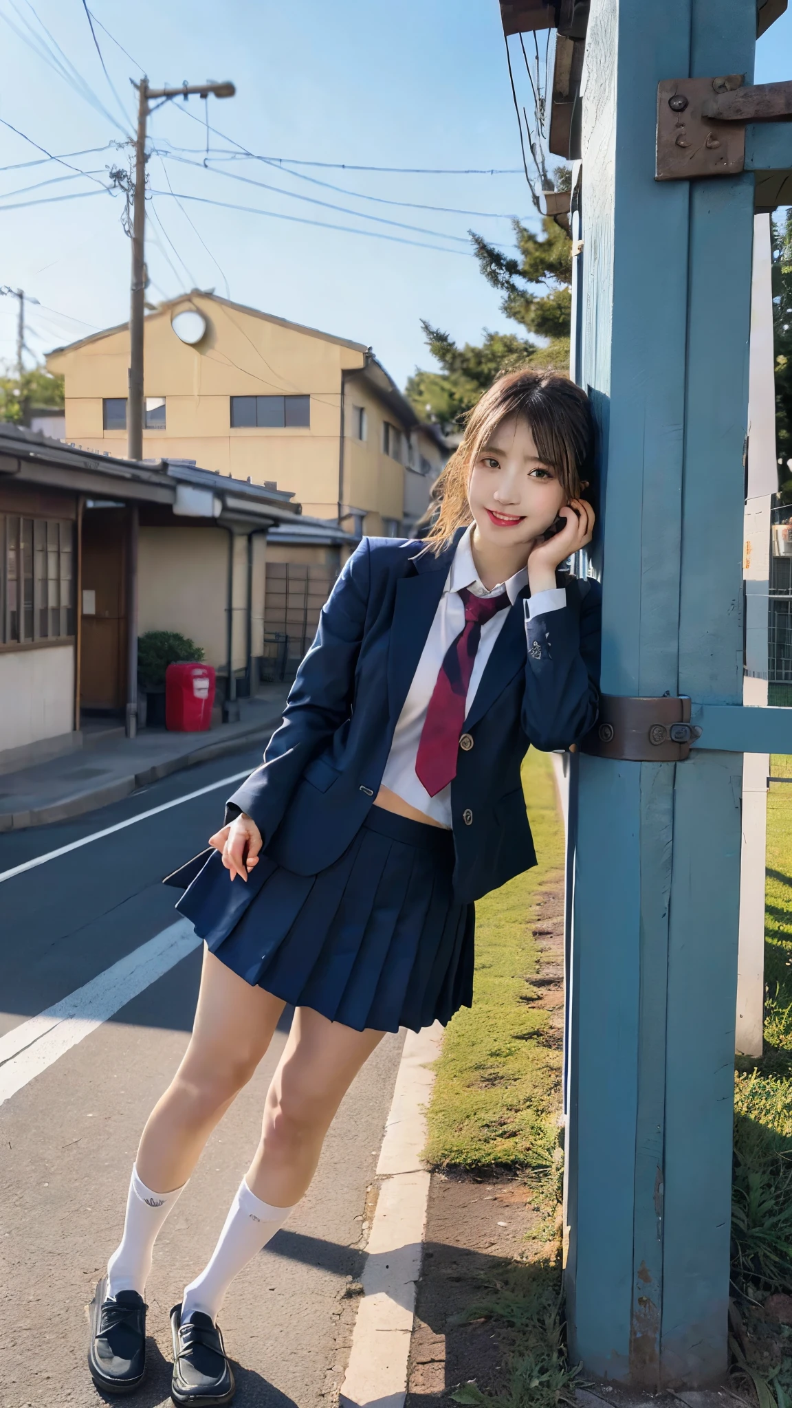 mix 4, (16k, RAW photo, best image quality, masterpiece: 1.45), (realistic, Photoreal: 1.37), one girl, cute, cityscape,, professional lighting, photon mapping, school classroom, Physically based rendering, dark brown hair,ponytail hairstyle, Beautiful well-groomed eyes、((double eyelid))、super cute girl, (((、blazer、Long-sleeved shirts worn by Japanese high school girls、ribbon tie、Navy blue super super mini skirt,、dark blue socks、black loafers))), highest quality photos, High resolution, 1080P, (clean face), (Detailed facial description), (Detailed explanation of hands), (masterpiece), (Detailed CG)、extreme light and shadow、messy hair、master work、Rich details、(detailed facial features)、(highest quality photos)、(Masseter muscle part)、(fine eyes)、look in front of you、thin clavicle、((slender and large))、(((Japanese high school girls wear long-sleeved shirts)))、((neat idol))、((school gate、schoolyard、School building in the background))、(Take photos from random viewpoints)、(((anyway that's cute)))、earrings、big smile、Draw the whole body from the knees、Don't draw thin lines、(((Sports bags used by Japan schoolgirls)))、(small breasts:1.2)、small buttocks with tension、Two arms and two legs、(((from the front:0.7)))、bare hands、(((symmetrical eyes)))、standing pose、put one's hand on the desk、Do not remove the tie from the jacket、Skirt length is quite short,