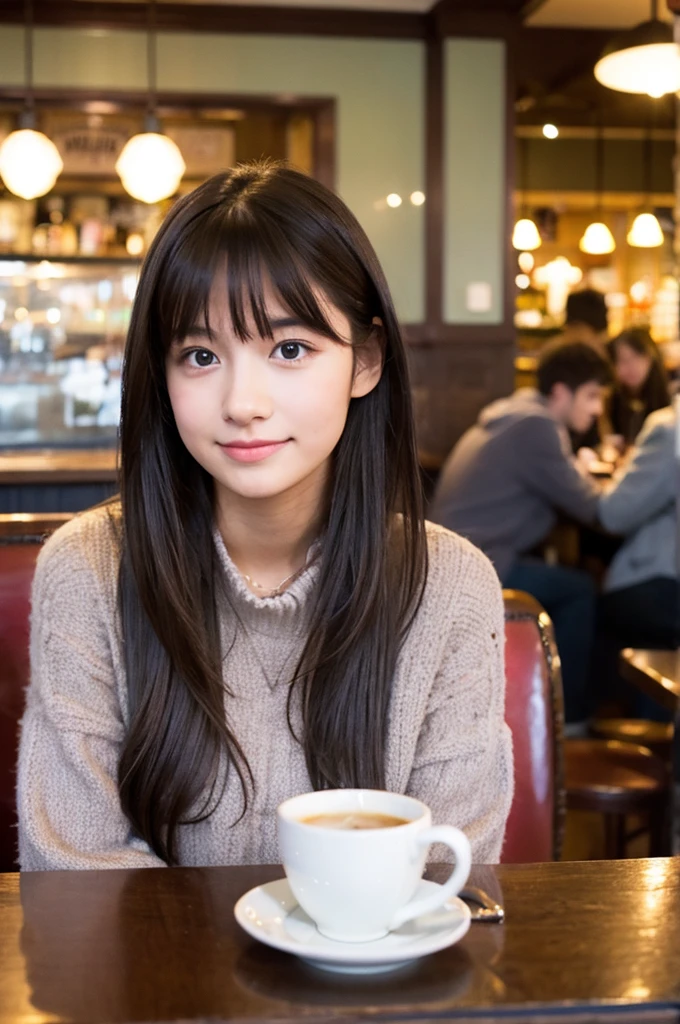 beautiful real girl, british, in the cafe, crowded cafe, wearing jacket