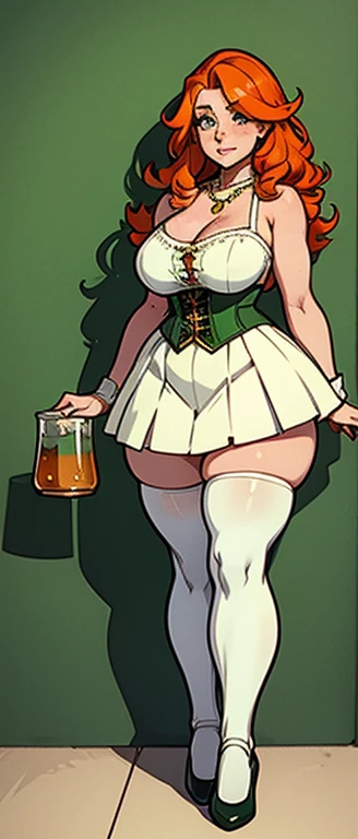 freckles, beautiful, masterpiece, st-patricks day, full body image, cel shaded, black outlines, holding beer jug, hourglass figure, orange hair, plump breasts, plump hips, plump thighs, irish, large eyes, green pupils, curly hair, rounded hair, long hair, orange eyebrows, nose, thick eyelashes, bare shoulders, white 1800's top, golden necklace, white skirt, green skirt-corset with yellow string, white socks, black ballet shoes, eggshell white high socks, white thigh high stockings, freckles