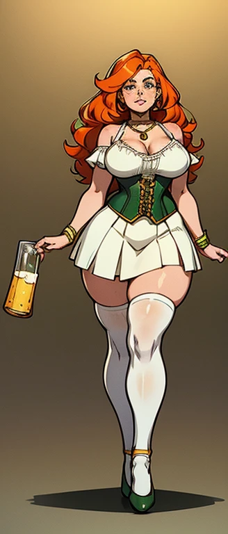 freckles, beautiful, masterpiece, st-patricks day, full body image, cel shaded, black outlines, holding beer jug, hourglass figure, orange hair, plump breasts, plump hips, plump thighs, irish, large eyes, green pupils, curly hair, rounded hair, long hair, orange eyebrows, nose, thick eyelashes, bare shoulders, white 1800's top, golden necklace, white skirt, green skirt-corset with yellow string, white socks, black ballet shoes, eggshell white high socks, white thigh high stockings, freckles