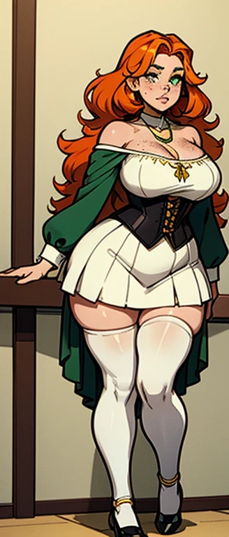 freckles, beautiful, masterpiece, st-patricks day, full body image, cel shaded, black outlines, holding beer jug, hourglass figure, orange hair, plump breasts, plump hips, plump thighs, irish, large eyes, green pupils, curly hair, rounded hair, long hair, orange eyebrows, nose, thick eyelashes, bare shoulders, white 1800's top, golden necklace, white skirt, green skirt-corset with yellow string, white socks, black ballet shoes, eggshell white high socks, white thigh high stockings, freckles