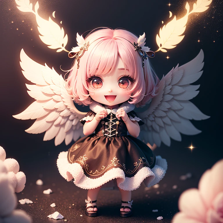 masterpiece、highest quality、Super detailed、(Chibi Chara Angel:1.2)、fluffy feathers with white fur、(Hello:1.4)、(Light prism:1.2)、open your mouth and smile、Glitter Mold Dress、Full body standing、light pink hair, pink eyes, Sparkling