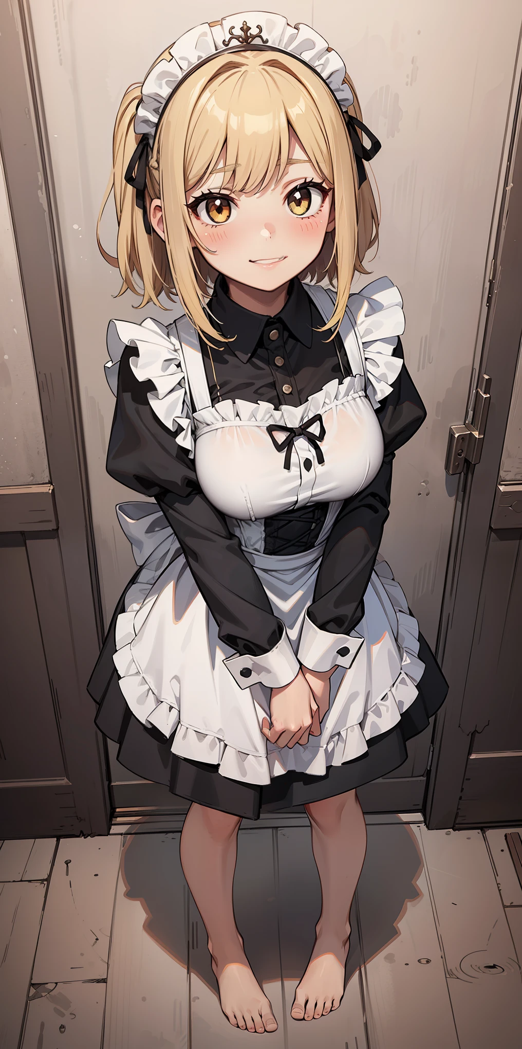1girl, cute, ((Short black hair girl and long blonde hair girl)), maid victorian, maid apron, straight face, dazed, Body position: Standing, straight, symmetrical, barefoot, Lustful smile on face with red blush,
