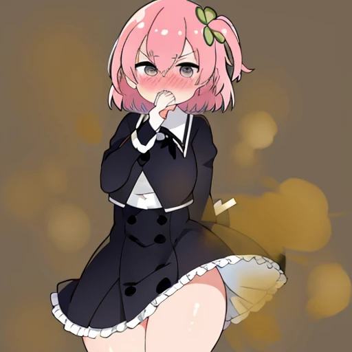 Highest image quality、(master piece:1.2)、detailed、Riri Ichiyanagi、1 girl、solo、pink hair、blue eyes、fart、Are standing、a lot of gas、blush、black uniform、white inner、big breasts、Clover hair fastening、shy、put pressure on your face、loud fart sound、Feeling like diarrhea、Gas comes out of the butt、Crotch rubbing、school classroom