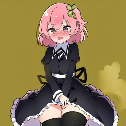 Highest image quality、(master piece:1.2)、detailed、Riri Ichiyanagi、1 girl、solo、pink hair、blue eyes、fart、Are standing、a lot of gas、blush、black uniform、white inner、big breasts、Clover hair fastening、shy、put pressure on your face、loud fart sound、Feeling like diarrhea、Gas comes out of the butt、Crotch rubbing