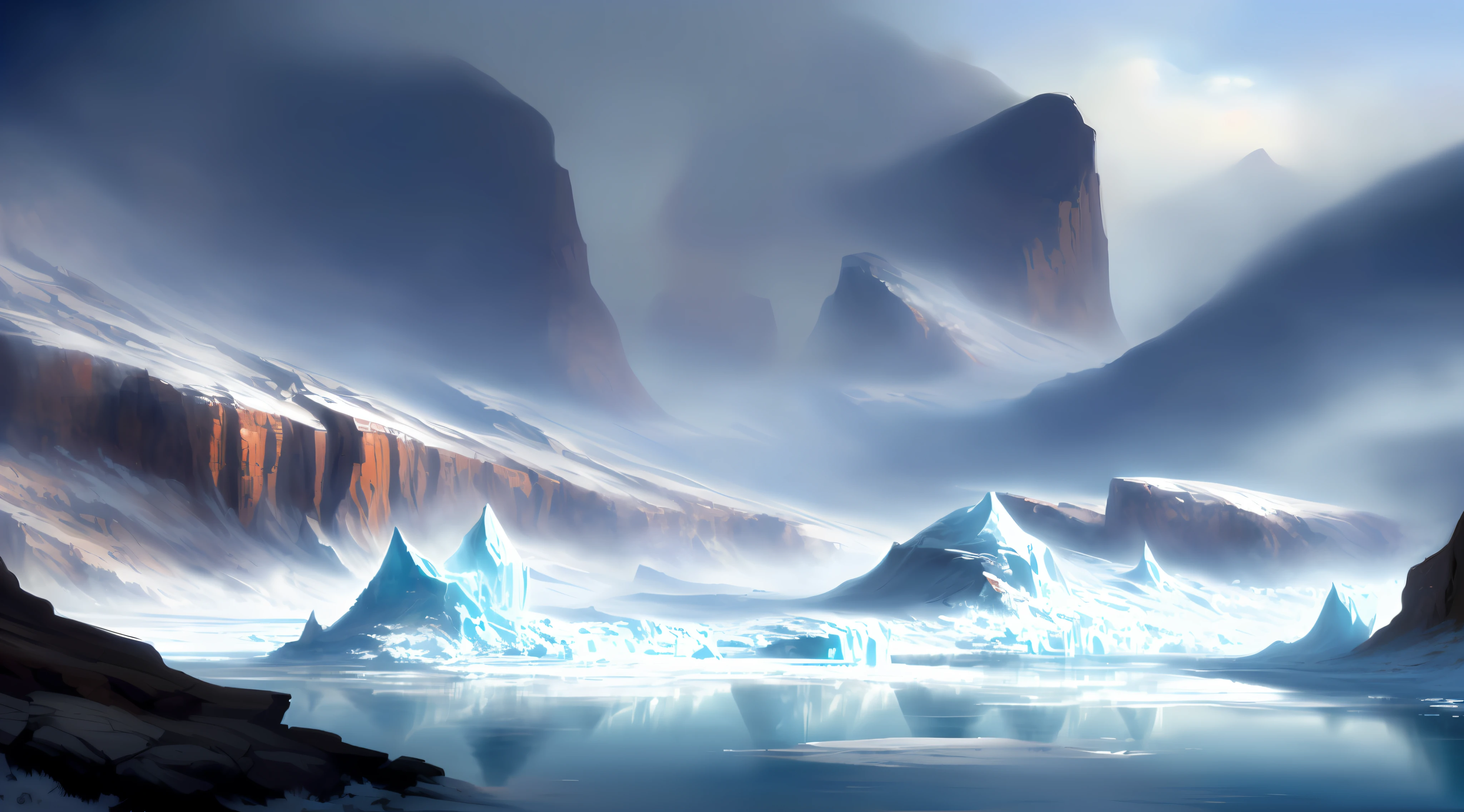 There is a painting of a mountain with a river inside, environmental painting, conceptual art. epic landscape, concept art, environmental art, environmental concept art, beautiful detailed concept art, bastian grevett, canyon background, earth warming and canyon, detailed digital concept art, digital painting concept art, environmental design illustration, detailed digital painting, concept art highly detailed, (((Ice age)))