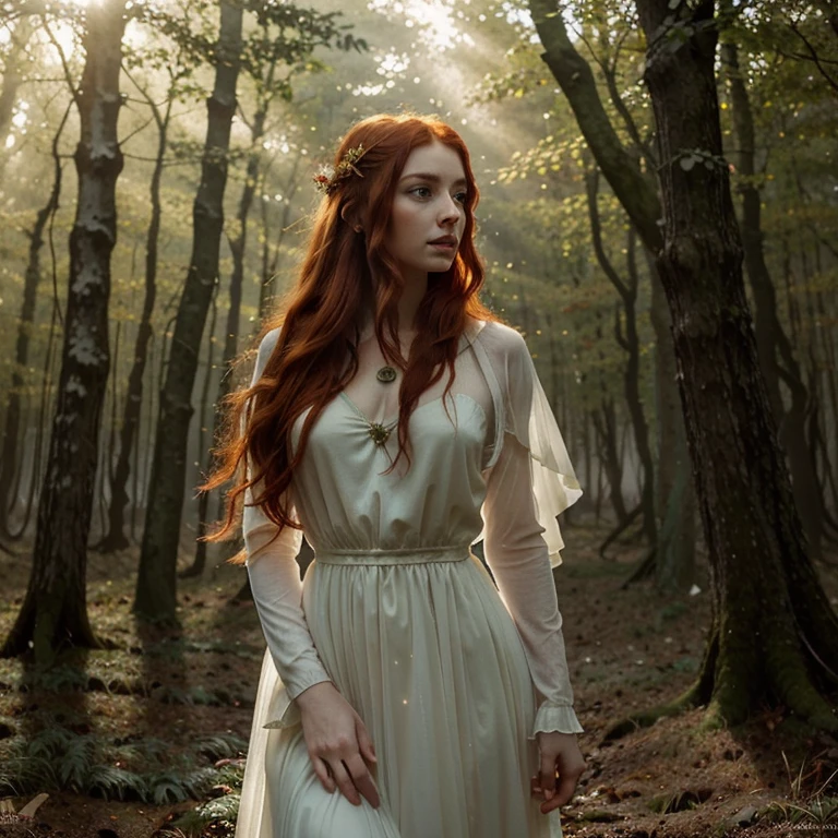 Beautiful firey red haired maiden , in a celtic winter woodland, she embodies the goddess Brigid, snowdrop flowers burst through patches of snow, mist, magical lighting. pre-raphaelite masterpiece, Extremely beautiful young fantasy princess in aesthetic forest, Glow, archs, red hair, Backlit hair, Photorealistic, Dreamy, soft focus effect ,Sheer dress