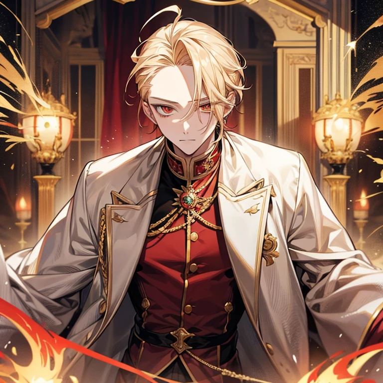 short blonde anime guy,put out one's forehead,Golden Eyes,光るGolden Eyes,black and red prince clothes,Blonde madman,good looking