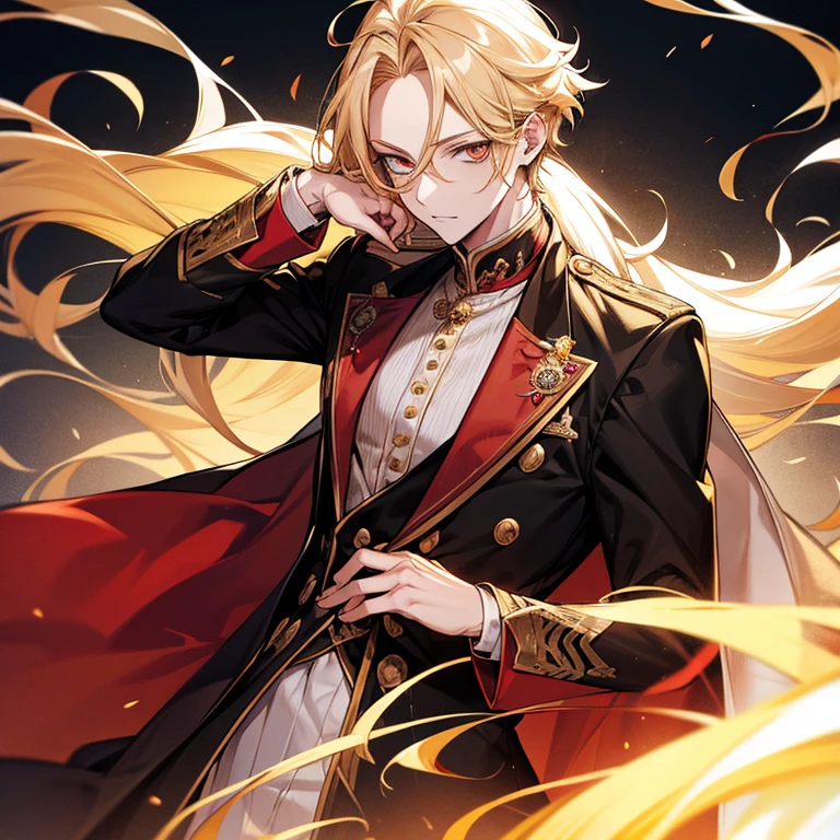 short blonde anime guy,put out one's forehead,Golden Eyes,光るGolden Eyes,black and red prince clothes,Blonde madman,good looking