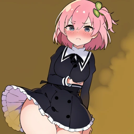 Highest image quality、(master piece:1.2)、detailed、Riri Ichiyanagi、1 girl、solo、pink hair、blue eyes、fart、Are standing、a lot of gas、blush、black uniform、white inner、big breasts、Clover hair fastening、shy、put pressure on your face、loud fart sound、Feeling like diarrhea、Gas comes out of the butt、Crotch rubbing、school classroom