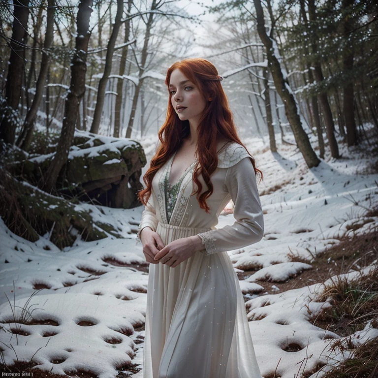 Beautiful firey red haired maiden , in a celtic winter woodland, she embodies the goddess Brigid, snowdrop flowers burst through patches of snow, mist, magical lighting. pre-raphaelite masterpiece, Extremely beautiful young fantasy princess in aesthetic forest, Glow, archs, red hair, Backlit hair, Photorealistic, Dreamy, soft focus effect ,Sheer dress